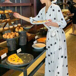 White Casual Women's Polka Dot Print V Neck Wrap Dress With Lantern Sleeve